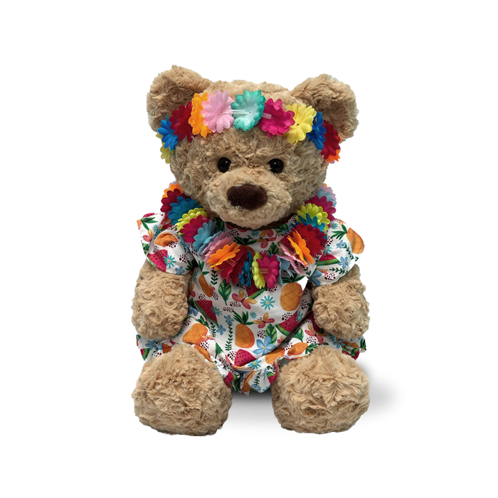 Hawaiian Dress with Lei and Flower Crown on a 16 inch stuffed friend